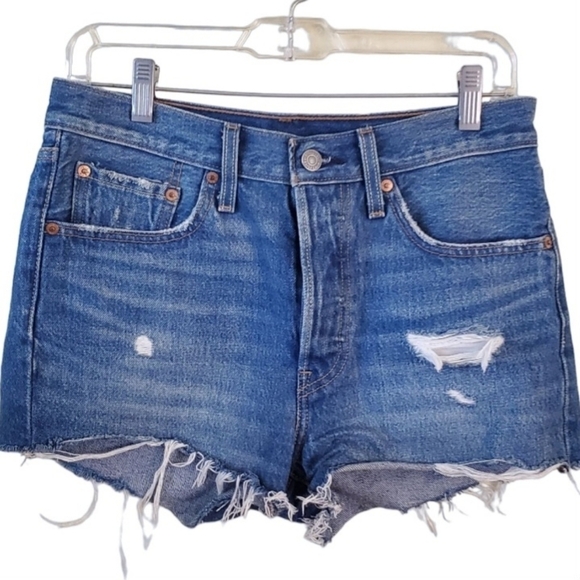 Levi's 501 Distressed Button Fly Cut Off Denim Shorts Size 27 - Picture 1 of 8